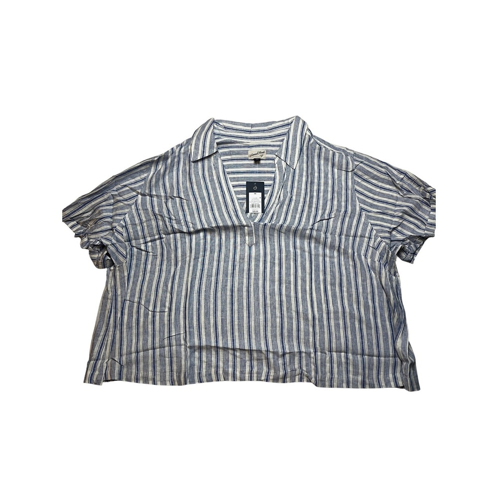 Universal Thread Top Womens 4X Blue Stripe Linen Blend Short Sleeve V Neck Shirt